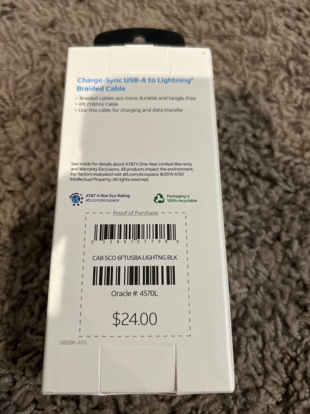 USB-A to lifhtning Braided Cable (AT&T) 6 feet